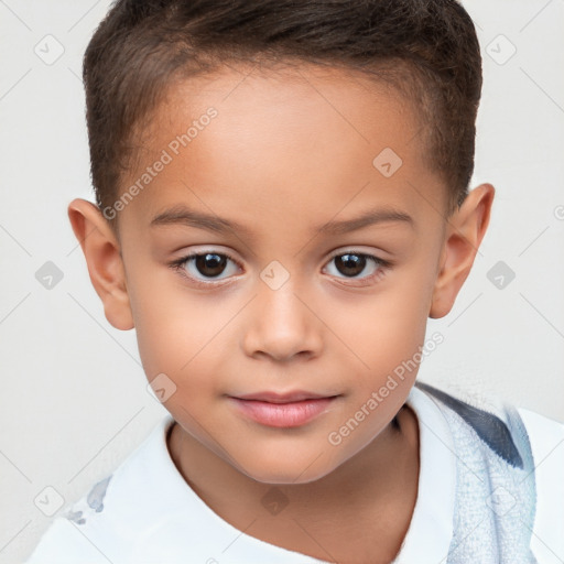 Joyful white child female with short  brown hair and brown eyes