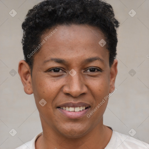 Joyful latino young-adult female with short  black hair and brown eyes