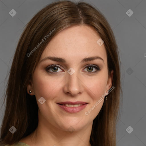 Joyful white young-adult female with medium  brown hair and green eyes