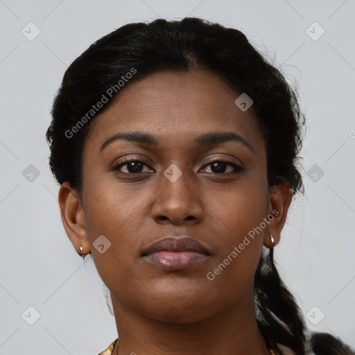 Neutral black young-adult female with short  brown hair and brown eyes