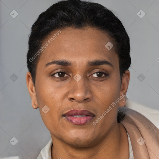 Joyful black young-adult female with short  brown hair and brown eyes