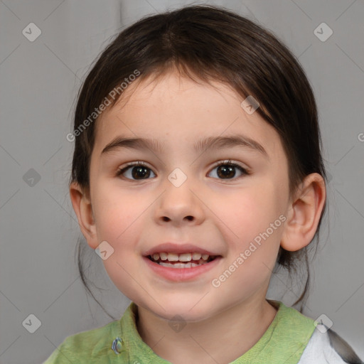 Joyful white child female with medium  brown hair and brown eyes