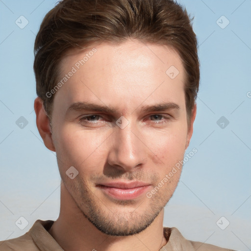 Neutral white young-adult male with short  brown hair and grey eyes