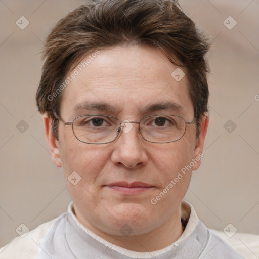 Joyful white adult male with short  brown hair and grey eyes