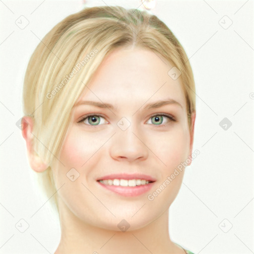 Joyful white young-adult female with long  blond hair and blue eyes