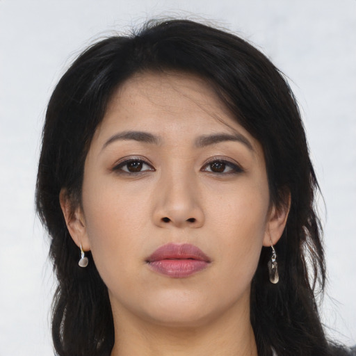 Neutral asian young-adult female with long  brown hair and brown eyes