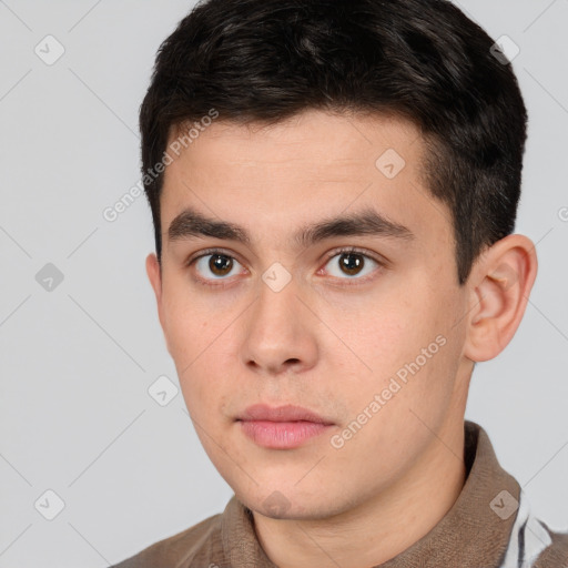 Neutral white young-adult male with short  brown hair and brown eyes