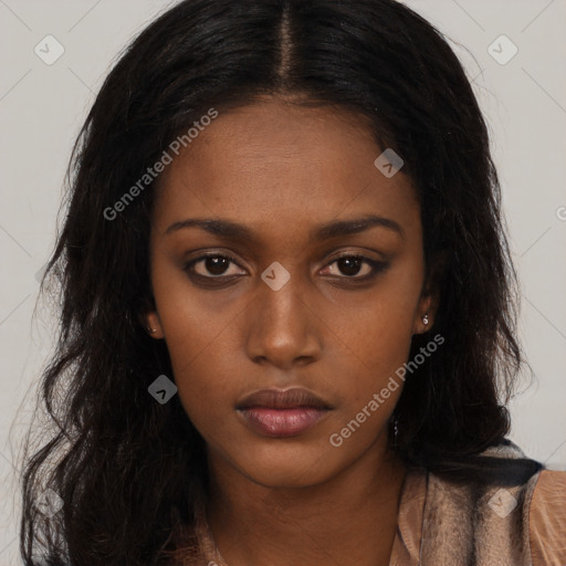 Neutral asian young-adult female with long  brown hair and brown eyes