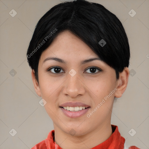 Joyful asian young-adult female with medium  black hair and brown eyes