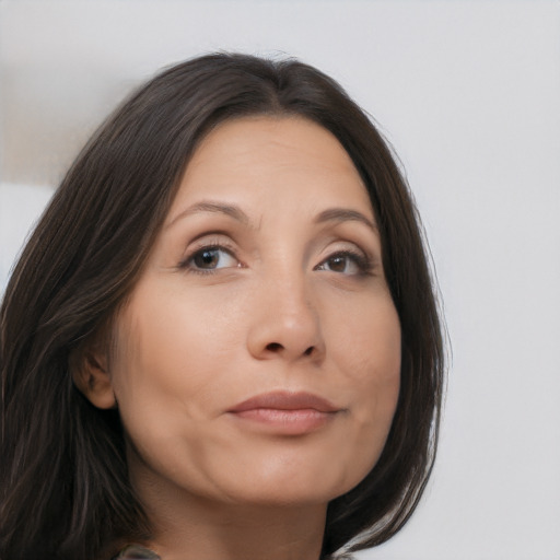 Neutral asian young-adult female with long  brown hair and brown eyes