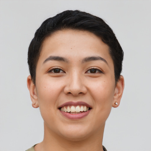 Joyful asian young-adult female with short  black hair and brown eyes