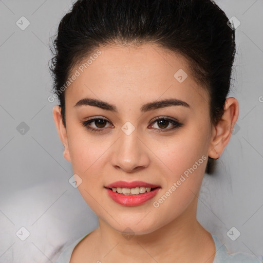 Joyful white young-adult female with medium  brown hair and brown eyes