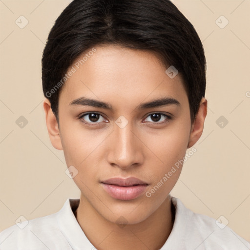 Joyful white young-adult female with short  brown hair and brown eyes