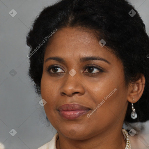 Joyful black young-adult female with long  brown hair and brown eyes