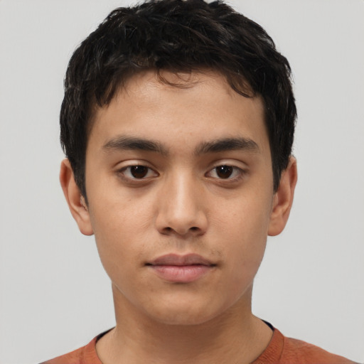 Neutral white young-adult male with short  black hair and brown eyes