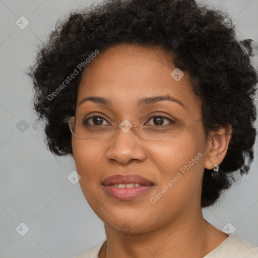 Joyful black adult female with short  brown hair and brown eyes