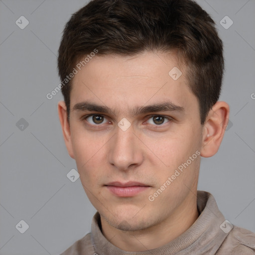 Neutral white young-adult male with short  brown hair and brown eyes