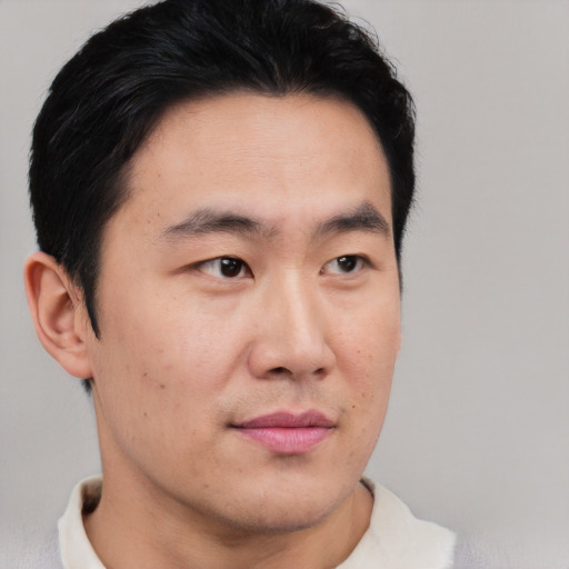Neutral asian young-adult male with short  brown hair and brown eyes
