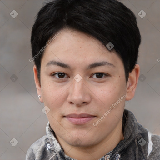 Joyful asian young-adult female with short  black hair and brown eyes