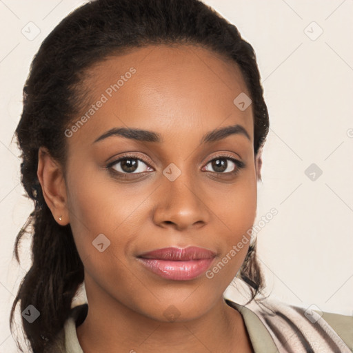 Joyful latino young-adult female with long  brown hair and brown eyes