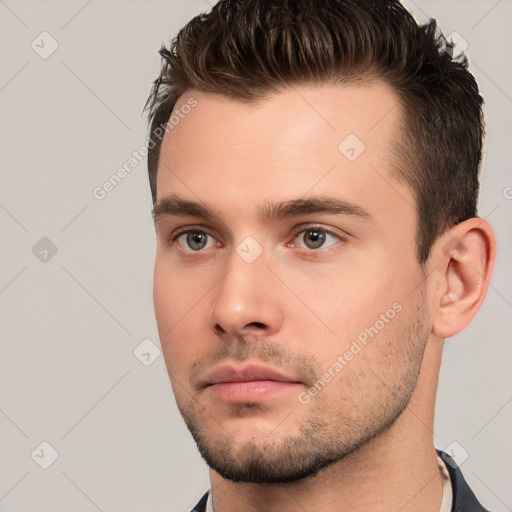 Neutral white young-adult male with short  brown hair and brown eyes