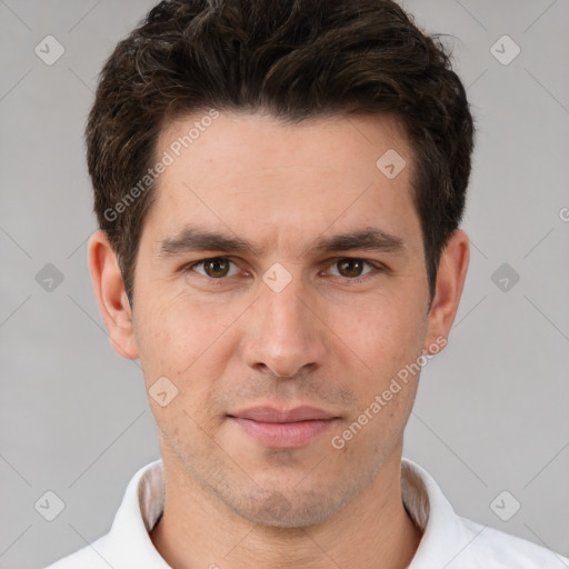 Joyful white young-adult male with short  brown hair and brown eyes