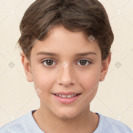 Joyful white child female with short  brown hair and brown eyes