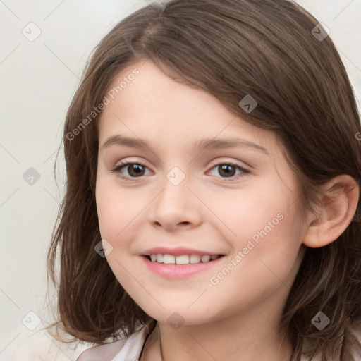 Joyful white child female with medium  brown hair and brown eyes