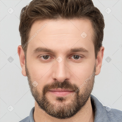 Neutral white young-adult male with short  brown hair and grey eyes