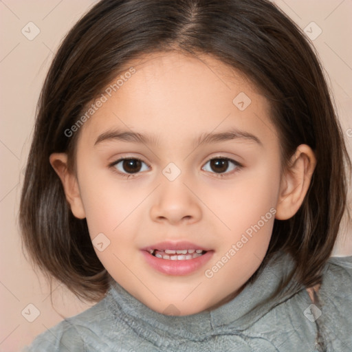 Joyful white child female with medium  brown hair and brown eyes