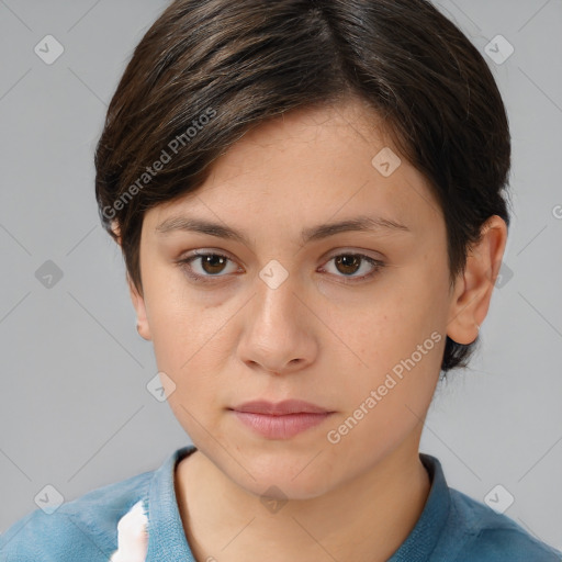 Neutral white young-adult female with medium  brown hair and brown eyes