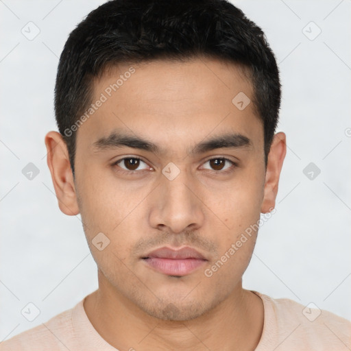 Neutral asian young-adult male with short  brown hair and brown eyes