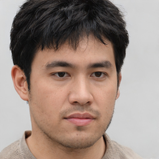 Neutral asian young-adult male with short  brown hair and brown eyes