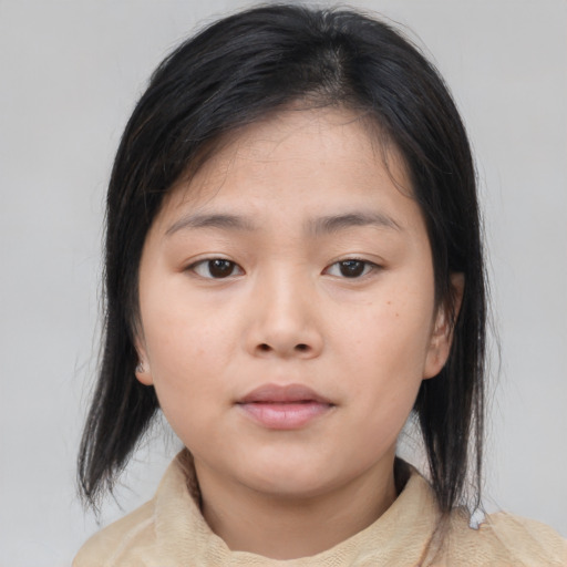 Neutral asian young-adult female with medium  brown hair and brown eyes