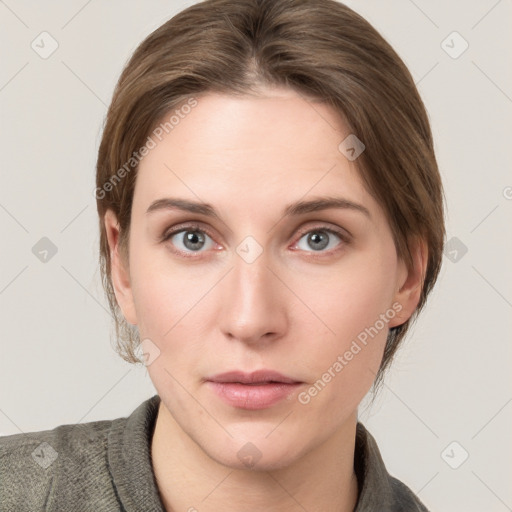 Neutral white young-adult female with medium  brown hair and grey eyes