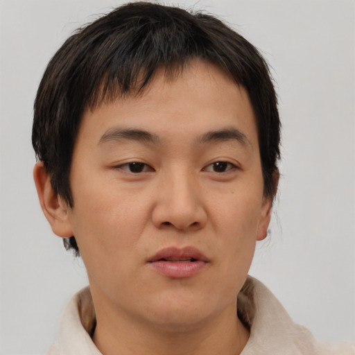 Neutral asian young-adult male with short  brown hair and brown eyes
