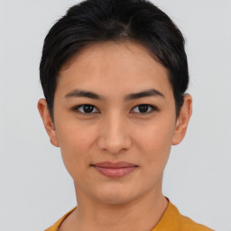 Joyful asian young-adult female with short  brown hair and brown eyes