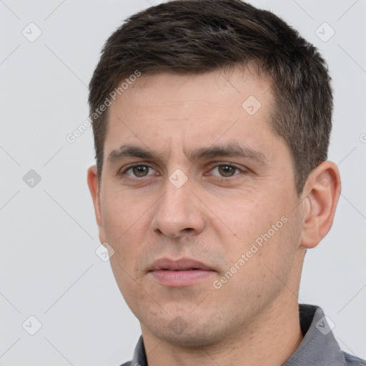 Neutral white adult male with short  brown hair and brown eyes