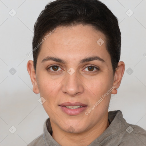 Joyful white young-adult female with short  brown hair and brown eyes