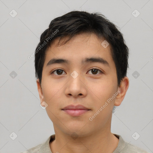 Neutral asian young-adult male with short  black hair and brown eyes