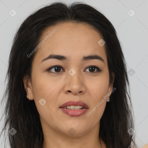 Joyful asian young-adult female with long  brown hair and brown eyes