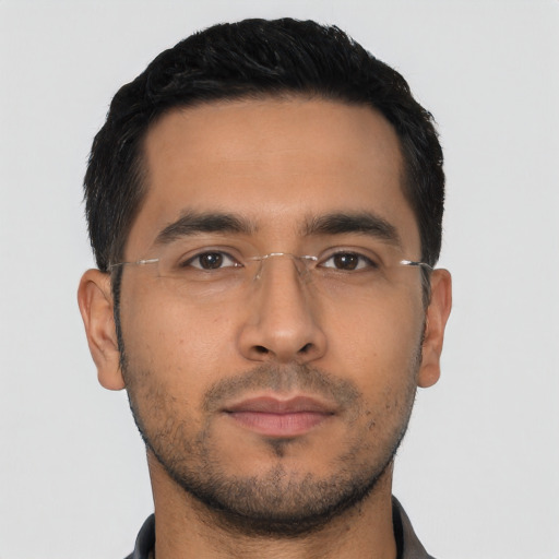 Neutral asian young-adult male with short  black hair and brown eyes