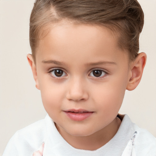 Joyful white child female with short  brown hair and brown eyes