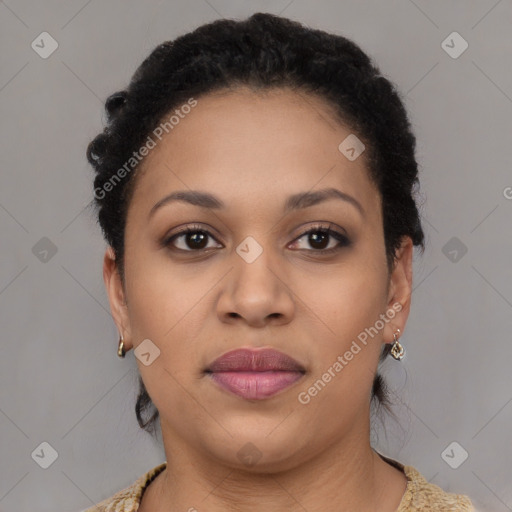 Joyful latino young-adult female with short  brown hair and brown eyes