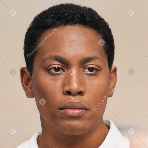 Neutral black young-adult female with short  black hair and brown eyes