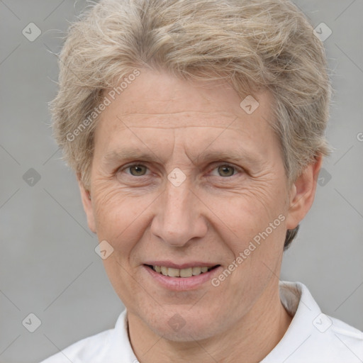 Joyful white middle-aged male with short  brown hair and brown eyes