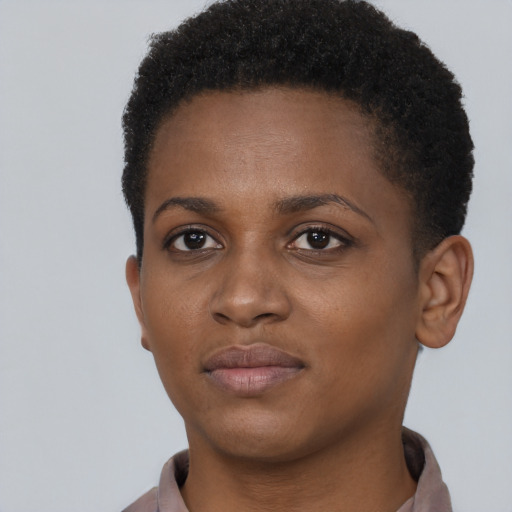 Neutral black young-adult female with short  brown hair and brown eyes