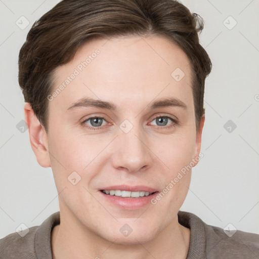 Joyful white young-adult female with short  brown hair and grey eyes