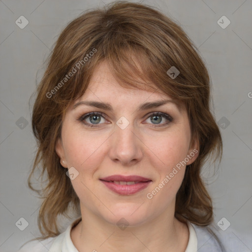 Joyful white young-adult female with medium  brown hair and blue eyes