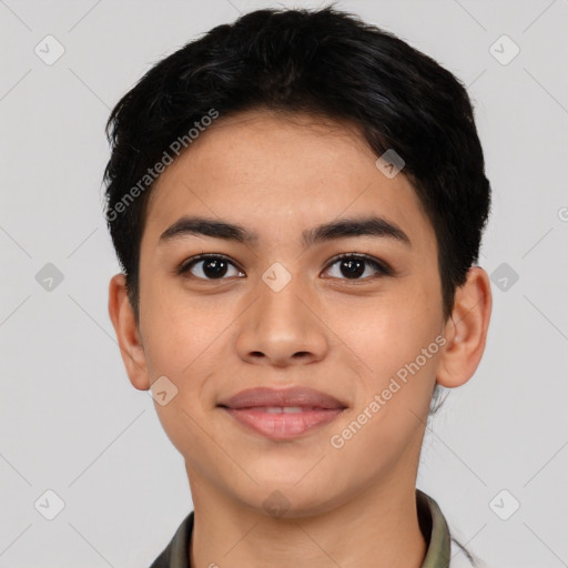 Joyful latino young-adult male with short  black hair and brown eyes